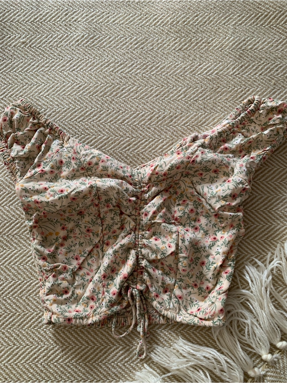 Japna Cream Floral Smocked Blouse with Green and Yellow Accents